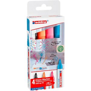 Glasmarker edding 95, für Glasoberflächen & Whiteboards, Strichbreite 1,5-3 mm, runde Spitze, 4er Set, Schwarz, Hellblau, Pink und Orange Glasmarker edding 95, für Glasoberflächen & Whiteboards, Strichbreite 1,5-3 mm, runde Spitze, 4er Set, Schwarz, Hellblau, Pink und Orange