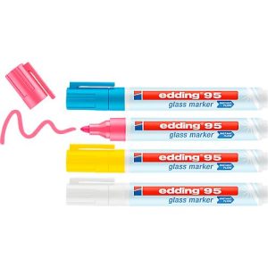 Glasmarker edding 95, für Glasoberflächen & Whiteboards, Strichbreite 1,5-3 mm, runde Spitze, 4er Set, Weiß, Gelb, Pink und Hellblau Glasmarker edding 95, für Glasoberflächen & Whiteboards, Strichbreite 1,5-3 mm, runde Spitze, 4er Set, Weiß, Gelb, Pink und Hellblau