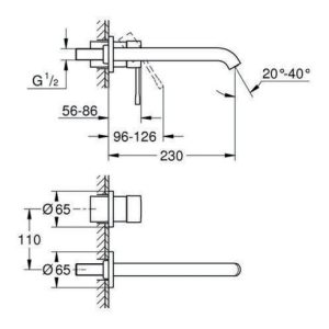 Grohe 2-Loch-Waschtischbatterie ESSENCE Ausladung 230 mm, Fertigmontageset für 23571000 chrom Grohe 2-Loch-Waschtischbatterie ESSENCE Ausladung 230 mm, Fertigmontageset für 23571000 chrom