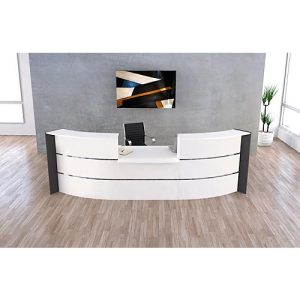 Große Bogen-Empfangstheke Faro, mit Niedrigmodul, Kabelführung, B 3240 x T 1230 x 1120 mm, weiß/anthrazit Große Bogen-Empfangstheke Faro, mit Niedrigmodul, Kabelführung, B 3240 x T 1230 x 1120 mm, weiß/anthrazit