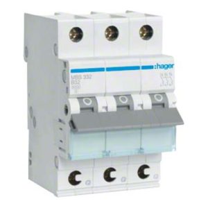 Hager Leitungsschutzschalter 3p. B-32A, 6kA, 3M QC MBS332 Hager Leitungsschutzschalter 3p. B-32A, 6kA, 3M QC MBS332