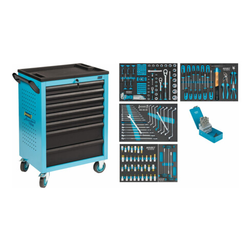 HAZET Werkstattwagen Assistent 178 N-7 mit 204 Werkzeugen 178N-7/204 Schubladen flach: 5 x 80 x 527 x 348 mm Schubladen hoch: 2 x 165 x 527 x 348 mm Anzahl Werkzeuge: 204