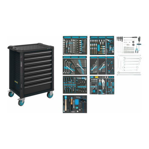 HAZET Werkstattwagen Assistent 179N-8-RAL7021/300 Schubladen flach: 7 x 77 x 522 x 398 mm Schubladen hoch: 1 x 162 x 522 x 398 mm Anzahl Werkzeuge: 300