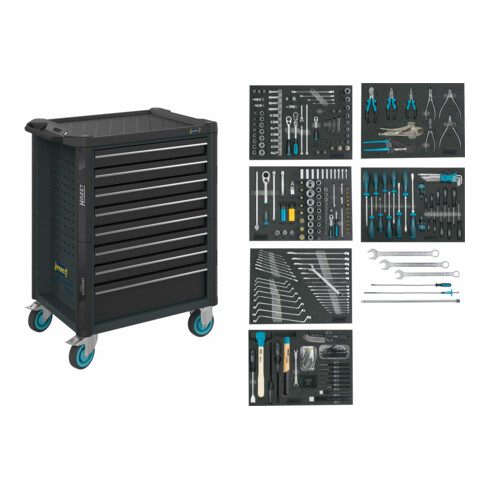 HAZET Werkstattwagen Assistent 179NT-8-RAL7016/2 Schubladen flach: 7 x 77 x 522 x 398 mm Schubladen hoch: 1 x 162 x 522 x 398 mm Anzahl Werkzeuge: 264