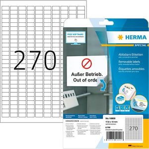 Herma Etiketten Nr. 10000, 17,8 x 10 mm, ablösbar, selbstklebend, Papier, weiß, 6750 Stück Herma Etiketten Nr. 10000, 17,8 x 10 mm, ablösbar, selbstklebend, Papier, weiß, 6750 Stück