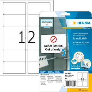 Herma Etiketten Nr. 10010, 88,9 x 46,6 mm, ablösbar, selbstklebend, Papier, weiß, 300 Stück Herma Etiketten Nr. 10010, 88,9 x 46,6 mm, ablösbar, selbstklebend, Papier, weiß, 300 Stück