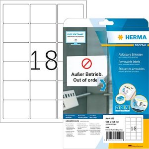 Herma Etiketten Nr. 4203, 63,5 x 46,6 mm, ablösbar, selbstklebend, sichere Haftung, Papier, weiß, 300 Stück Herma Etiketten Nr. 4203, 63,5 x 46,6 mm, ablösbar, selbstklebend, sichere Haftung, Papier, weiß, 300 Stück