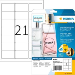 Herma Folien-Etiketten Nr. 8017, Polyesterfolie, wetterfest, transparent, glänzend, bedruckbar, permanent, 250 Stück auf 25 Blatt Herma Folien-Etiketten Nr. 8017, Polyesterfolie, wetterfest, transparent, glänzend, bedruckbar, permanent, 250 Stück auf 25 Blatt
