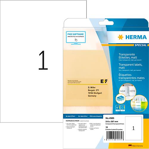 Herma Folienetiketten Special Nr. 4585, 210 x 297 mm, wetterfest, bedruckbar, permanent, transparent, matt, 10 Stück auf 10 Blatt