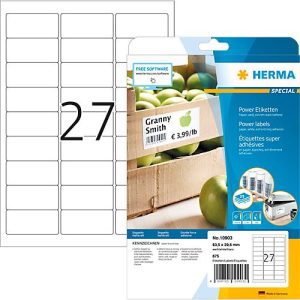 Herma Power-Etiketten Nr. 10903, 63,5 x 29,6 mm, selbstklebend, extrem stark haftend, Papier, weiß, 675 Stück Herma Power-Etiketten Nr. 10903, 63,5 x 29,6 mm, selbstklebend, extrem stark haftend, Papier, weiß, 675 Stück