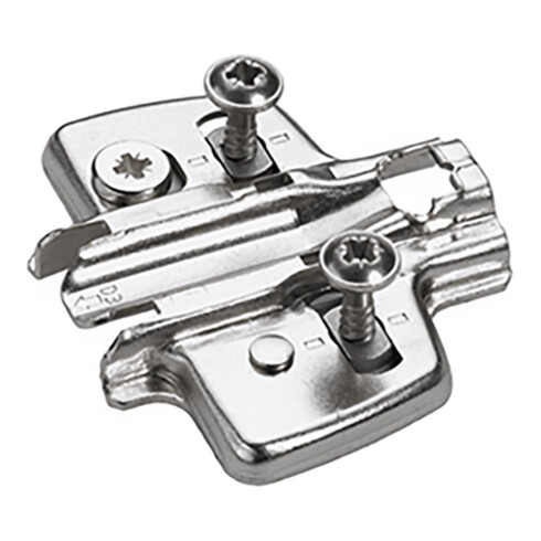 Hettich Kreuzmontageplatte mit Direkt-Höhenverstellung, vernickelt, Lochreihe 37 x 32 mm, mit Spanplattenschrauben (für Bohrung ø 2,5 mm), Distanz 0,0 mm