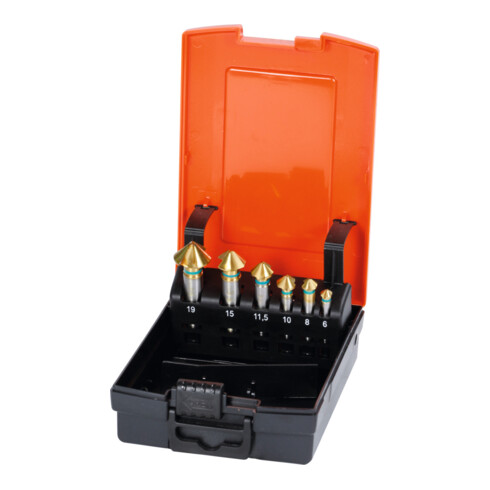 Holex Pro Steel Kegelsenker-Satz mit 3 Spannflächen Nr. 150184 mit Kassette 90°, TiAlN, Anzahl Senker: 6