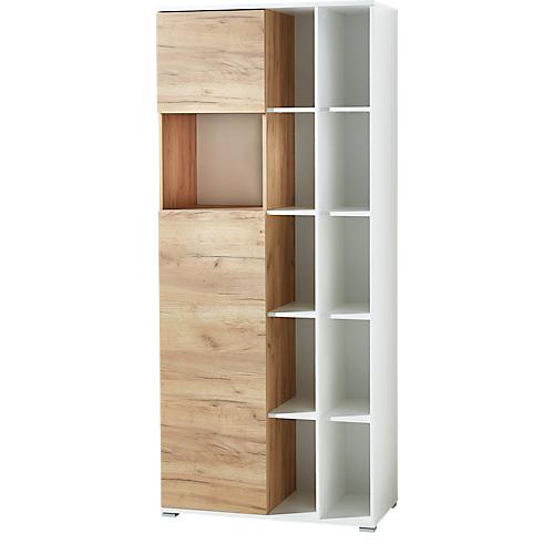 Home Office Aktenschrank LIONI, aus Holz, 2 Türen, 4 geschlossene & 11 offene Fächer, B 850 x T 400 x H 1970 mm, weiß/Navarra Eiche