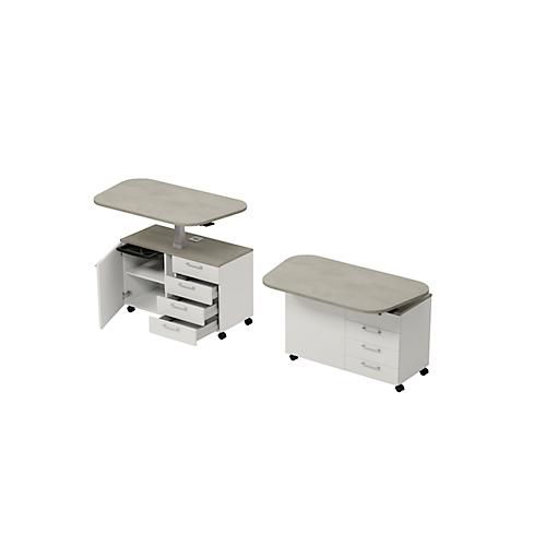 Home Office Rollcontainer Multilevel, mit Schubladen, Gasfederplatte, B 1200 x T 440 x H 740-1100 mm, Ceramic grey/weiß