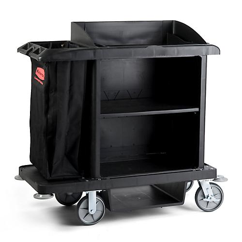 Hotelwagen Rubbermaid®, mittelgroß, Schrank mit verstellbarem Zwischenboden, Staubsaugerhalterung, Beutelhalter & Haken, Laufrollen mit Festesteller
