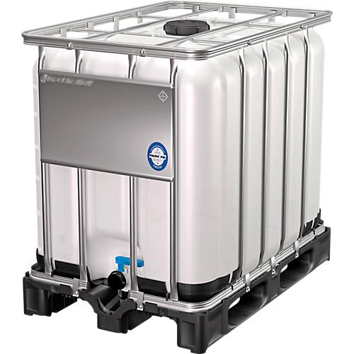 IBC Container, 600 Liter, UN-Zulassung, Kunststoffdeckel, Stahl-Kreuzverband, Stahltraverse, auf Kunststoffpalette, B 1200 x T 1000 x H 1013 mm