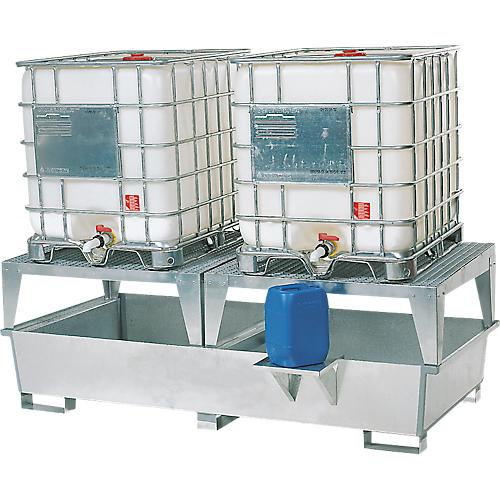IBC-Station ASECOS, Stahl, mit 2 Abfüllblöcken u. Staplerschuhen, 1000 l Auffangvolumen, B 2680 x T 1300 x H 950 mm, verzinkt