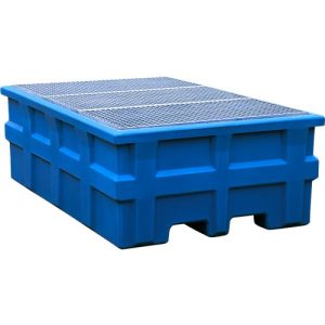 IBC-Station, Volumen 1000 l, bis 2000 kg, unterfahrbar, mit verzinktem Gitterrost, Polyethylen, blau, B 1980 x T 1370 x H 690 mm IBC-Station, Volumen 1000 l, bis 2000 kg, unterfahrbar, mit verzinktem Gitterrost, Polyethylen, blau, B 1980 x T 1370 x H 690 mm