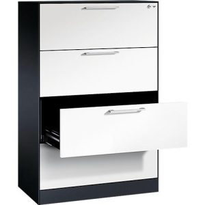 Karteikartenschrank, 2-bahnig für A4 quer, 4 Schübe mit Vollauszug & Bügelgriffen, Zentralverschluss, B 800 x T 435 x H 1298 mm, schwarzgrau/weiß Karteikartenschrank, 2-bahnig für A4 quer, 4 Schübe mit Vollauszug & Bügelgriffen, Zentralverschluss, B 800 x T 435 x H 1298 mm, schwarzgrau/weiß