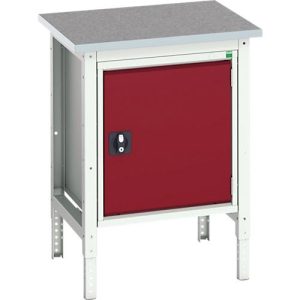 Kastenwerkbank Bott verso, Linoleum-Platte, 1 Tür, 1 Ablageboden, B 700 x T 600 x H 780 – 930 mm, Lichtgrau / Purpurrot Kastenwerkbank Bott verso, Linoleum-Platte, 1 Tür, 1 Ablageboden, B 700 x T 600 x H 780 – 930 mm, Lichtgrau / Purpurrot