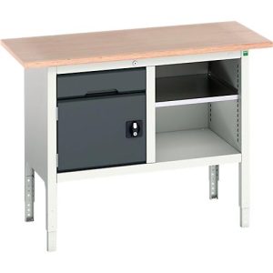Kastenwerkbank Bott verso, mit Multiplex-Platte, 1 Schublade & 1 Ablageboden & 1 Tür, B 1250 x T 600 x H 830 – 930 mm, Lichtgrau / Anthrazitgrau Kastenwerkbank Bott verso, mit Multiplex-Platte, 1 Schublade & 1 Ablageboden & 1 Tür, B 1250 x T 600 x H 830 – 930 mm, Lichtgrau / Anthrazitgrau