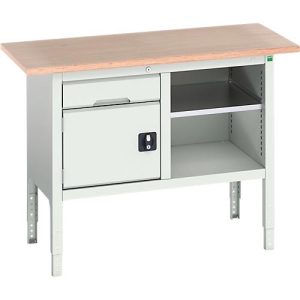 Kastenwerkbank Bott verso, mit Multiplex-Platte, 1 Schublade & 1 Ablageboden & 1 Tür, B 1250 x T 600 x H 830 – 930 mm, Lichtgrau Kastenwerkbank Bott verso, mit Multiplex-Platte, 1 Schublade & 1 Ablageboden & 1 Tür, B 1250 x T 600 x H 830 – 930 mm, Lichtgrau