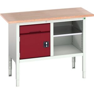 Kastenwerkbank Bott verso, mit Multiplex-Platte, 1 Schublade & 1 Ablageboden & 1 Tür, B 1250 x T 600 x H 830 – 930 mm, Lichtgrau / Purpurrot