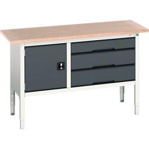 Kastenwerkbank Bott verso, mit Multiplex-Platte, 3 Schubladen & 1 Tür, B 1500 x T 600 x H 830 – 930 mm, Lichtgrau RAL 7035 / Anthrazitgrau RAL 7016 Kastenwerkbank Bott verso, mit Multiplex-Platte, 3 Schubladen & 1 Tür, B 1500 x T 600 x H 830 – 930 mm, Lichtgrau RAL 7035 / Anthrazitgrau RAL 7016