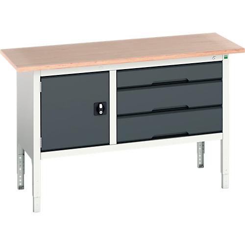 Kastenwerkbank Bott verso, mit Multiplex-Platte, 3 Schubladen & 1 Tür, B 1500 x T 600 x H 830 - 930 mm, Lichtgrau RAL 7035 / Anthrazitgrau RAL 7016
