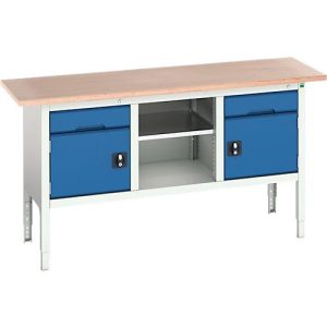 Kastenwerkbank Bott verso, Multiplex-Platte, 2 Schubladen, 1 Ablageboden, 2 Türen, B 1750 x T 600 x H 830 – 930 mm, Lichtgrau / Enzianblau Kastenwerkbank Bott verso, Multiplex-Platte, 2 Schubladen, 1 Ablageboden, 2 Türen, B 1750 x T 600 x H 830 – 930 mm, Lichtgrau / Enzianblau