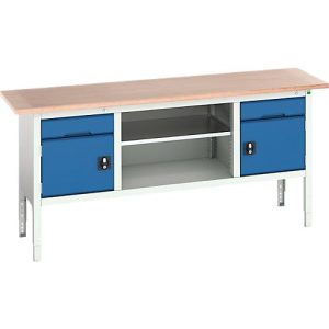 Kastenwerkbank Bott verso, Multiplex-Platte, 2 Schubladen, 2 Türen, 1 Ablageboden, B 2000 x T 600 x H 830 – 930 mm, Lichtgrau / Enzianblau