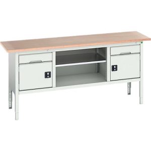 Kastenwerkbank Bott verso, Multiplex-Platte, 2 Schubladen, 2 Türen, 1 Ablageboden, B 2000 x T 600 x H 830 – 930 mm, Lichtgrau Kastenwerkbank Bott verso, Multiplex-Platte, 2 Schubladen, 2 Türen, 1 Ablageboden, B 2000 x T 600 x H 830 – 930 mm, Lichtgrau