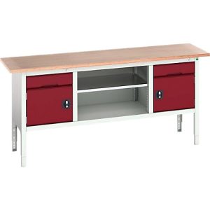 Kastenwerkbank Bott verso, Multiplex-Platte, 2 Schubladen, 2 Türen, 1 Ablageboden, B 2000 x T 600 x H 830 – 930 mm, Lichtgrau / Purpurrot