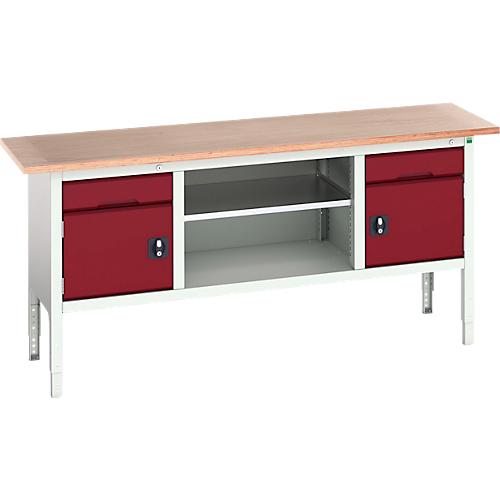 Kastenwerkbank Bott verso, Multiplex-Platte, 2 Schubladen, 2 Türen, 1 Ablageboden, B 2000 x T 600 x H 830 - 930 mm, Lichtgrau / Purpurrot