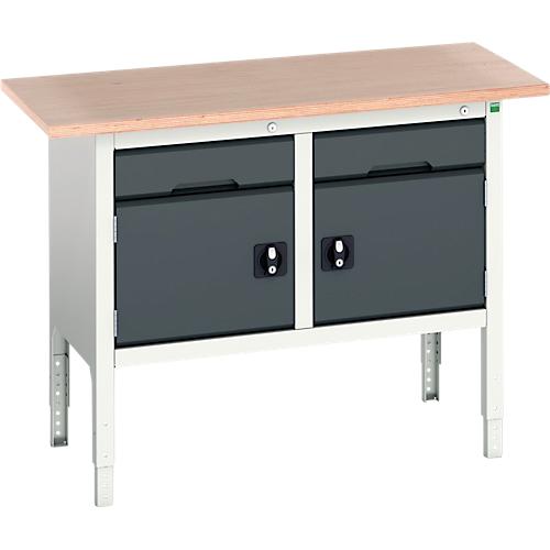 Kastenwerkbank Bott verso, Multiplex-Platte, 2 Schubladen und 2 Türen, B 1500 x T 600 x H 830 - 930 mm, RAL 7035 Lichtgrau / Anthrazitgrau