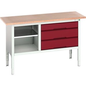 Kastenwerkbank Bott verso, Multiplex-Platte, 3 Schubladen & 1 Ablageboden, B 1500 x T 600 x H 830 – 930 mm, RAL 7035 Lichtgrau / Purpurrot Kastenwerkbank Bott verso, Multiplex-Platte, 3 Schubladen & 1 Ablageboden, B 1500 x T 600 x H 830 – 930 mm, RAL 7035 Lichtgrau / Purpurrot