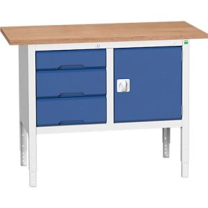 Kastenwerkbank Bott verso, Multiplex-Platte, 3 Schubladen & 1 Tür, B 1250 x T 600 x H 830 – 930 mm, RAL 7035 Lichtgrau / Enzianblau