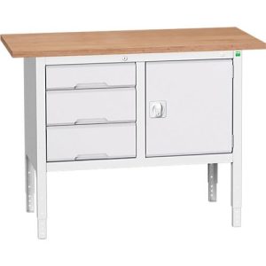 Kastenwerkbank Bott verso, Multiplex-Platte, 3 Schubladen & 1 Tür, B 1250 x T 600 x H 830 – 930 mm, RAL 7035 Lichtgrau Kastenwerkbank Bott verso, Multiplex-Platte, 3 Schubladen & 1 Tür, B 1250 x T 600 x H 830 – 930 mm, RAL 7035 Lichtgrau