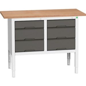 Kastenwerkbank Bott verso, Multiplex-Platte, 6 Schubladen, B 1250 x T 600 x H 830 – 930 mm, RAL 7035 Lichtgrau / Anthrazitgrau Kastenwerkbank Bott verso, Multiplex-Platte, 6 Schubladen, B 1250 x T 600 x H 830 – 930 mm, RAL 7035 Lichtgrau / Anthrazitgrau