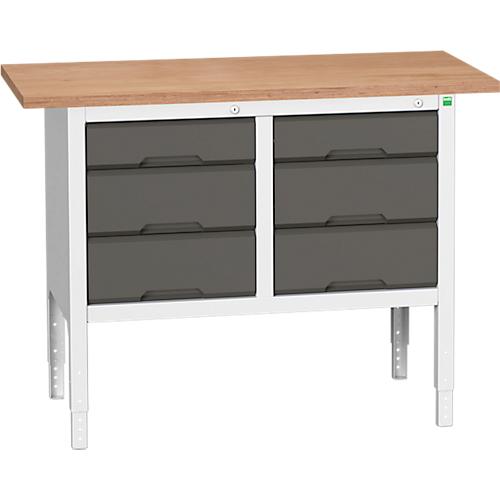 Kastenwerkbank Bott verso, Multiplex-Platte, 6 Schubladen, B 1250 x T 600 x H 830 - 930 mm, RAL 7035 Lichtgrau / Anthrazitgrau