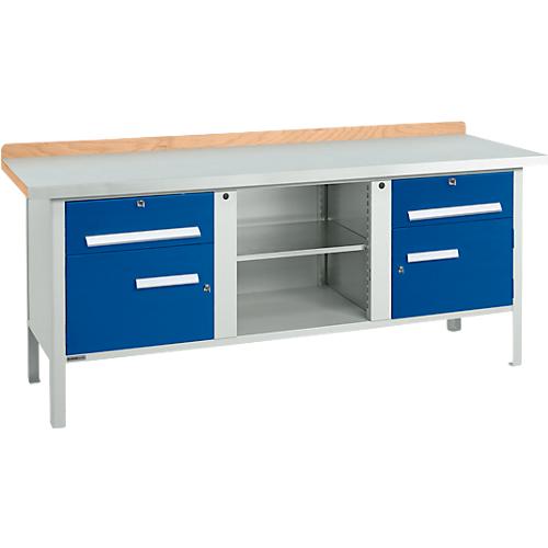 Kastenwerkbank Schäfer Shop Select PW 200-0, ESD, Buche Multiplexplatte, mit Stahlabdeckung, bis 750 kg, B 2000 x T 700 x H 840 mm, Enzianblau
