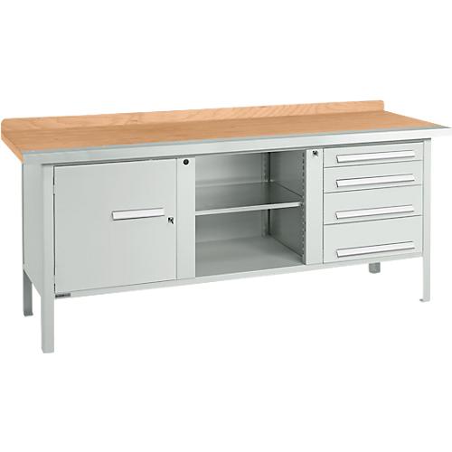 Kastenwerkbank Schäfer Shop Select PW 200-1, Buche Multiplexplatte, mit Stahlkante, bis 750 kg, B 2000 x T 700 x H 840 mm, Lichtgrau