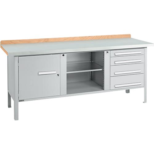 Kastenwerkbank Schäfer Shop Select PW 200-1, ESD, Buche Multiplexplatte, mit Stahlabdeckung, bis 750 kg, B 2000 x T 700 x H 840 mm, Weißaluminium