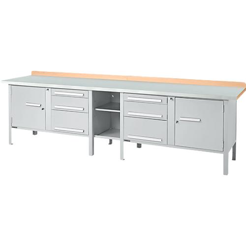 Kastenwerkbank Schäfer Shop Select PWi 300-2, ESD, Buche Multiplexplatte, mit Stahlabdeckung, bis 750 kg, B 3000 x T 700 x H 840 mm, Weißaluminium