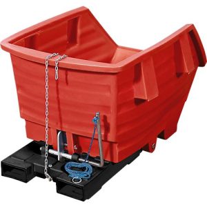 Kippbehälter, Polyethylen, rot, B 920 x T 1420 x H 590 mm, 300 l, Schüttkanthöhe 370 mm, bis 150 kg, Kipp-Arretierungsvorrichtung Kippbehälter, Polyethylen, rot, B 920 x T 1420 x H 590 mm, 300 l, Schüttkanthöhe 370 mm, bis 150 kg, Kipp-Arretierungsvorrichtung