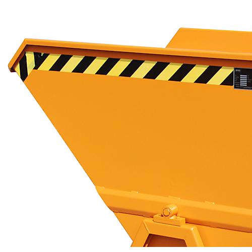 Kippmulde Bauer KS 700, Stahl, orange, B 1340 x T 1200 x H 1275 mm, 700 l, bis 1000 kg, Rollen, manuelle Kippvorrichtung