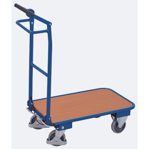Klappbügelwagen, Stahl/MDF-Platte, Enzianblau/Buche-Dekor, L 720 x B 450 mm, Rohrschiebegriff mit Querstrebe, TPE-Rollen mit Totmannbremse, 150 kg Klappbügelwagen, Stahl/MDF-Platte, Enzianblau/Buche-Dekor, L 720 x B 450 mm, Rohrschiebegriff mit Querstrebe, TPE-Rollen mit Totmannbremse, 150 kg