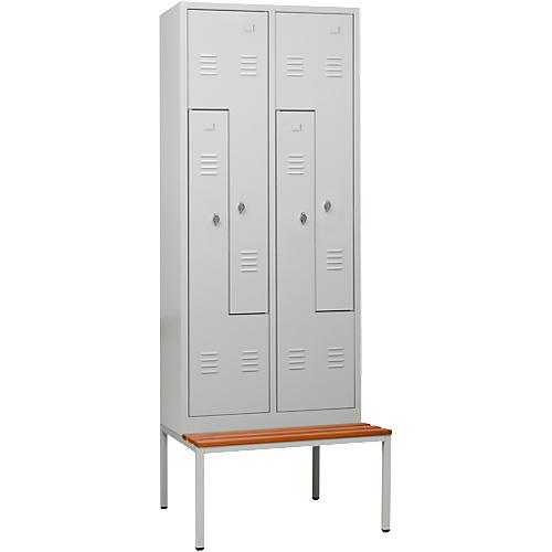 Kleiderspind, 4 Abteile, mit Sitzbank, B 800 x H 2200 mm, Drehriegelverschluss, lichtgrau/lichtgrau