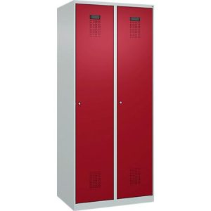 Kleiderspind C+P Evolo Plus, 2 Abteile, 400 mm breit, Zylinderschloss, Soft-Anschlag, B 800 x T 500 x H 1850 mm, lichtgrau/rubinrot Kleiderspind C+P Evolo Plus, 2 Abteile, 400 mm breit, Zylinderschloss, Soft-Anschlag, B 800 x T 500 x H 1850 mm, lichtgrau/rubinrot