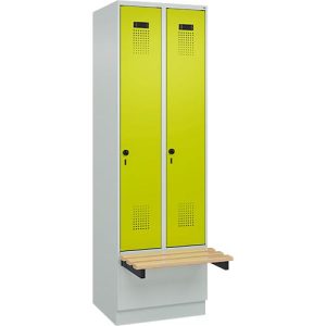 Kleiderspind C+P Evolo Plus, 2 Abteile à 300 mm Breite, Sockel, schwebende Sitzbank, B 600 x T 815 x H 1950 mm, Drehriegel, lichtgrau/clowngrün Kleiderspind C+P Evolo Plus, 2 Abteile à 300 mm Breite, Sockel, schwebende Sitzbank, B 600 x T 815 x H 1950 mm, Drehriegel, lichtgrau/clowngrün